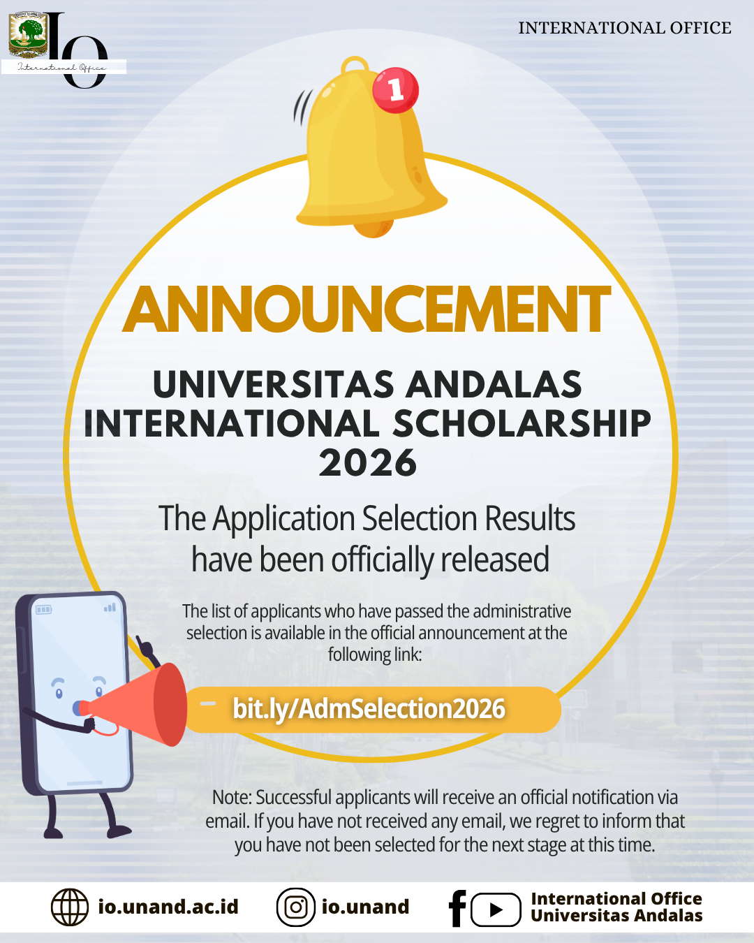 ANNOUNCEMENT: Application Selection Results for the Universitas Andalas International Scholarship 2026