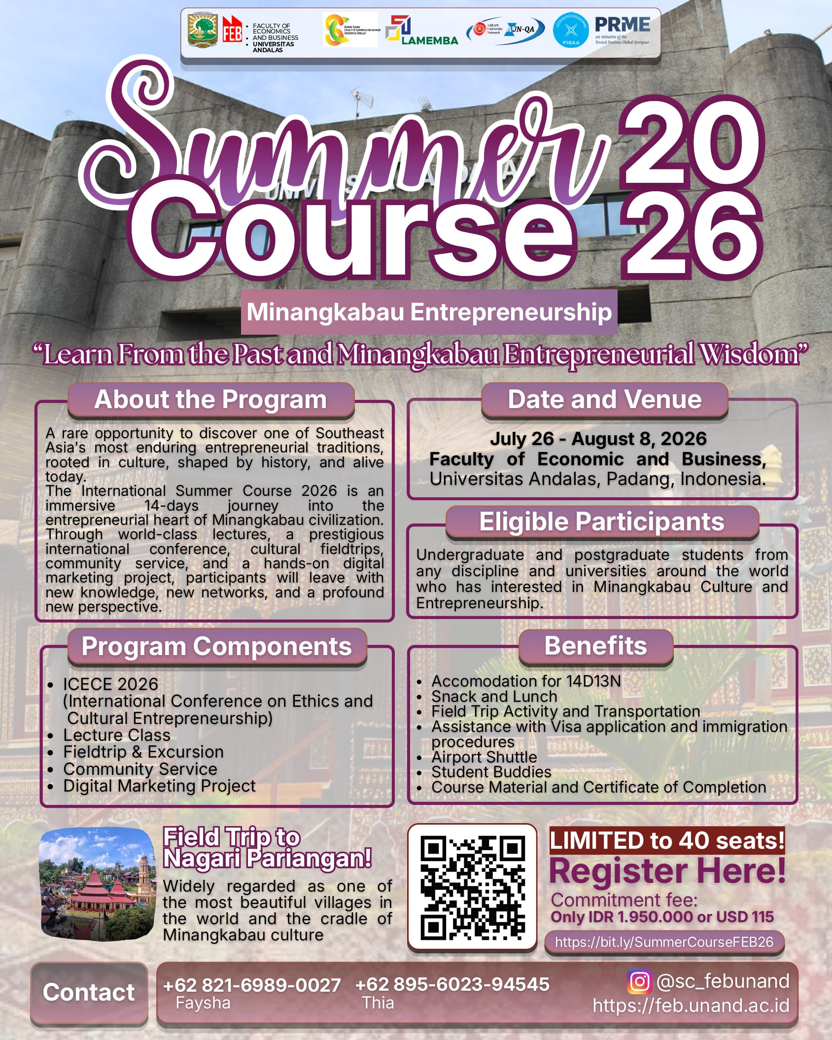 SUMMER COURSE 2026 — MINANGKABAU ENTREPRENEURSHIP “Learn From the Past and Minangkabau Entrepreneurial Wisdom”